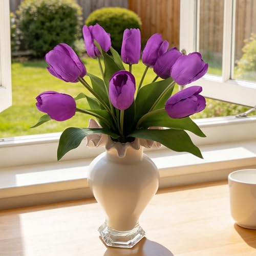 10 Stems Artificial Tulips Bouquet 14" Fake Tulips Flowers Realistic Faux Flowers for Wedding Home Party Decor Spring Decor Valentine's Day and Easter Decorations(Purple) - color: Purple