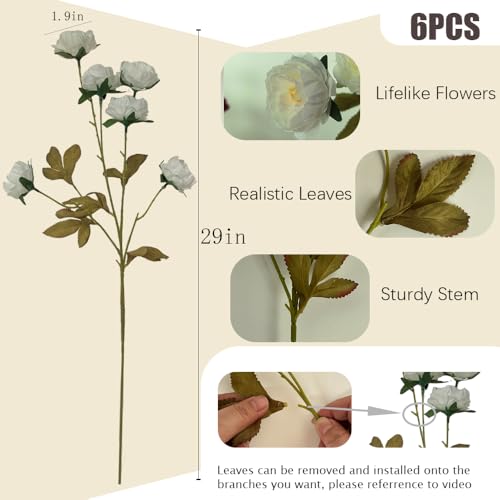 6 Pack 30" Artificial Peonies Flowers for Vase, Fake Silk Peony Long Stem Flowers for DIY Bouquets Wedding Centerpieces Home Decor (White) - color: White