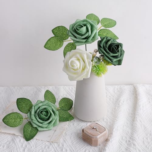 AmyHomie 25pcs Real Looking Artificial Shades of Forest Roses w/Stem for DIY Wedding Bouquets Centerpieces Arrangements Party Baby Shower Valentines Day Christmas Tree Decorations - color: Shades of Forest Green