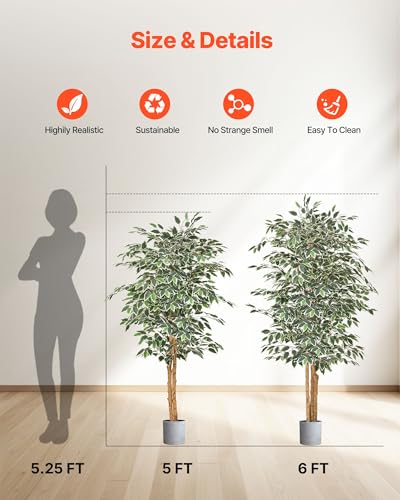 VEVOR 5FT Artificial Ficus Tree with Black Pot, Tall Faux Ficus Plant with Natural Wood Trunk and Realistic Green Leaves, Indoor Fake Silk Tree for Home, Office, Living Room, or Corner Décor - color: Artificial Ficus Tree, size: 5ft