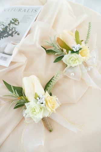 Champagne Corsage and Boutonniere Set for Wedding Prom, Artificial Rose Flower Homecoming Corsage Wristlet, Boutonniere for Men Wedding Suit Decor - color: Champagne