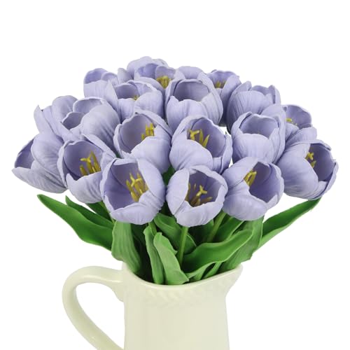 20pcs Real Touch Artificial Tulips Flowers Blue Fake Tulips for Wedding Spring Bouquet Floral Arrangement Valentine's Gift Mother's Day Home Easter Party Office Decorations (Blue) - color: Blue
