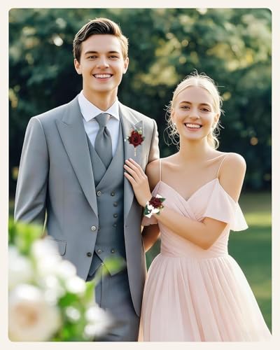 eZAKKA Red Rose Corsage and Boutonniere Set with Elastic Wristlet, Handmade Artificial Flower Wrist Corsage for Prom Wedding Homecoming Accessories, 2Pcs Suit Decoration (Red & White) - color: Red-white