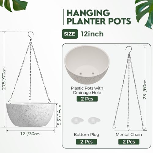 T4U Plastic Hanging Baskets 2-Pack - 12 Inch Large Hanging Flower Planter with Drainage Hole for Indoor Outdoor Plants, Round Plant Pot for Home Garden Porch Balcony Patio Decor (White) - color: White, size: 12 In