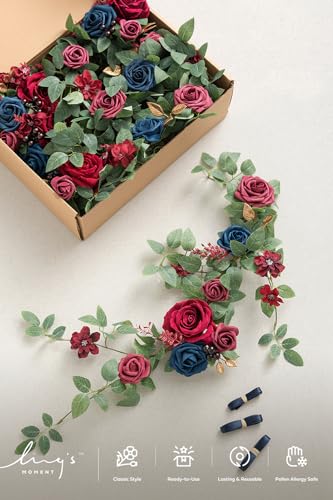 Ling's moment 6Pack 1.8ft Artificial Flowers Garland Burgundy Lantern Flower Arch Floral Centerpieces Navy Blue Wedding Aisle Chair Flowers for Signs Table Wall Cake Decoration（not including lanterns） - color: Blu-burgundy & Navy