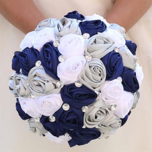 Bridal Wedding Bouquet with Bling Silver Rhinestones for Bride Bridesmaid Quinceanera Satin Rose Flower Bouquet Wedding Navy Blue White and Silver Grey 8.7in - color: Navy Blue, Silver & White (Standard Size: Dia.8.7")