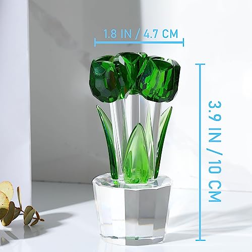 Qianwei Crystal Tulips Flowers Figurine Green with Vase - Glass Flower Bouquet Collectible Figurines Crystal Office Home Decor Paperweight - Tulip Gifts for Women Mom Bestfriend Wedding Anniversary - color: Green Tulip