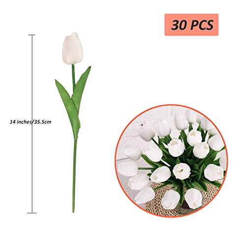 30pcs Real Touch Tulips PU Artificial Flowers, Fake Tulips Flowers for Arrangement Wedding Party Easter Spring Home Dining Room Office Decoration. (White) - color: White