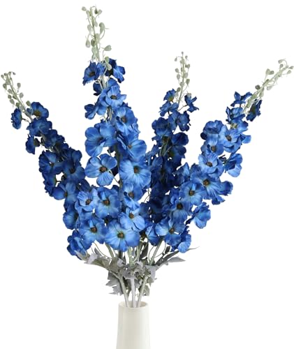 42'' Long Stem Blue Delphinium Artificial Flowers for Tall Vases 4PCS Fake Hollyhock Silk Flowers Realistic Larkspur Faux Flowers for Home Wedding Table Decor Floral Arrangement (Dark Blue) - color: Dark Blue