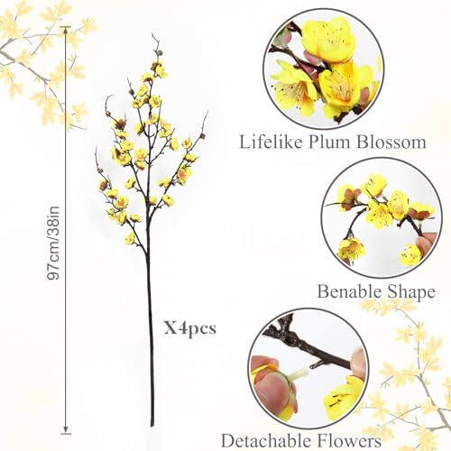 Betylifoy Artificial Plum Blossom Flowers 4Pcs Faux Silk Cherry Blossom 38" Long Stems Fake Plum Blossom Branches Artificial Silk Flower for Flowers Arrangement Wedding Home Table Decor (Yellow) - color: Yellow