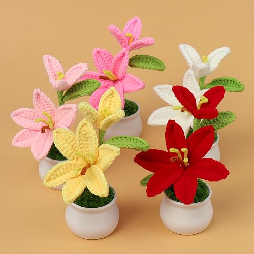 Crochet Flowers, Handmade Crochet Knitted Plant Lily Artificial Lily Flowers Gift to Family and Friends, Home Wedding Office Desk Cafe Decoration (Light Pink, 2pcs) - color: Lily-light Pink