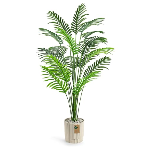 Der Rose 44'' Artificial Palm Tree Large Fake Tropical Faux Plants Indoor and Outdoor Tall for Home Bathroom Porch Outside Patio Decor (Light Beige Pot) - size: 44"-LIGHT BEIGE