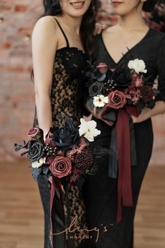 Ling's moment Black Bridesmaid Bouquets Set of 6 Burgundy Artificial Wedding Flower Bouquets Floral Bouquet Gothic Bridesmaid Bouquets with Ribbon Ceremony,Anniversary,7-inch Diameter - color: Red-burgundy Red & Black