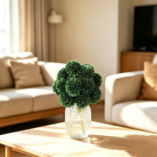 12Pcs Green Chrysanthemums Artificial Flowers Fake Silk Ball Flowers Mums Bouquets Arrangements Wedding Party Decor St Patricks Day Home Garden Table Centerpieces DIY Floral (Blackish Green) - color: Blackish Green