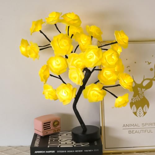 Drawelry Rose Flower Tree Lamp - LED Rose Tree Table Lamp USB/Battery Powered Artificial Bonsai Flower Night Light for Bedroom Living Room Party Wedding Birthday Decor (Yellow) - color: Yellow