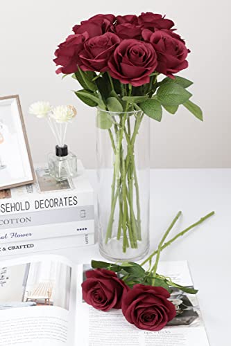 JUSMAI 30pcs Roses Artificial Flowers Fake Flowers with Long Stems Burgundy Silk Flowers for Wedding Bouquet Centerpices Decorations Party Bridal Baby Shower Home Decor - color: Burgundy, size: 30PCS