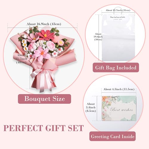 Crochet Flower Bouquet Premium Edition, Handmade Knitted Faux Crochet Flowers for Home Decor Valentine’s Day Anniversary Weddings Birthdays Mother’s Day, Includes Gift Bag and Greeting Card (Rose) - color: Premium Pink