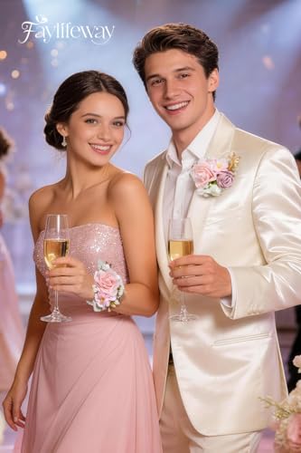 Rose Pink Corsage and Boutonniere Set for Wedding Prom(Set of 2),Artificial Flower Wrist Corsage Bracelets for Women Homecoming,Boutonniere for Men Suit Decorations Party Anniversary - color: Pink, size: 1 Corsage & 1 Boutonniere