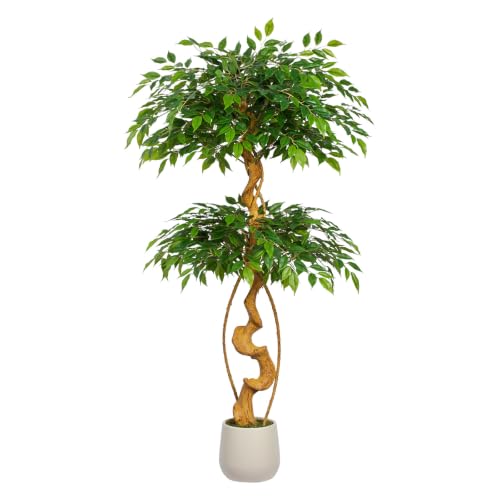 5FT Artificial Ficus Tree, 60in Fake Silk Tree with Natural Curved Trunk & 1488 Lush Leaves, Floor Faux Plant with White Pot, Low Maintenance Decor for Home, Office, Patio - color: Ficus Tree 5ft