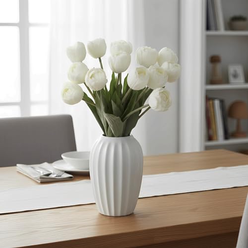 12 Pcs 15 Inch White Silk Artificial Tulips for Home Wedding Decor | Faux Tulips with Realistic Layered Petals for Home Office Decor, Wedding Parties Baby Shower Table Centerpiece - color: White