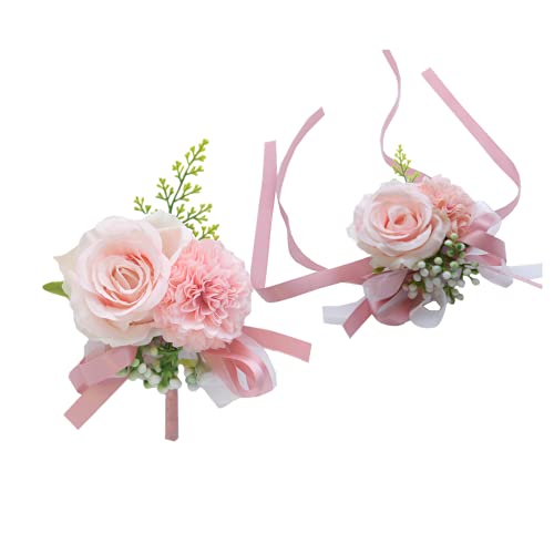 Rikyo 2 Pack Pink Flower Wrist Corsage Boutonniere Set,3" Artificial Rose Carnation Wrist Corsage and Men Boutonniere Set,DIY Silk Flower for Wedding Flowers Accessories Prom Suit Decor - color: Pink
