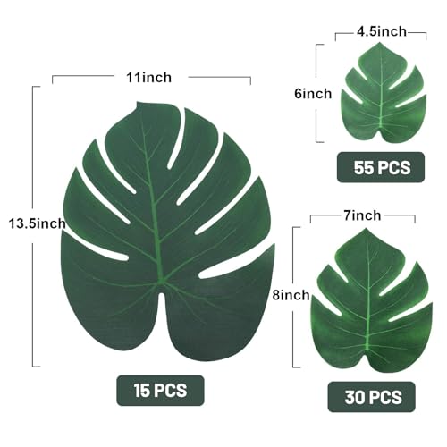 100Pcs Palm Leaves Artificial Tropical Monstera Plant Fake Leaves Safari Birthday Decorations,Jungle Theme Party Supplies,Faux Green Leaf for Hawaiian Luau Tiki Aloha Beach BBQ Table Decoration 3 Size