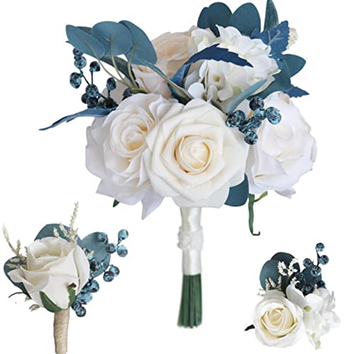 MOJUN Bridesmaid Bouquet Wrist Corsage Groom Boutonniere Set, Artificial Rose Wedding Flowers for Wedding Ceremony Anniversary Bridal Shower Party Home Decorations, Set of 3 - color: Bouquet Corsage and Boutonniere Set B 3pack