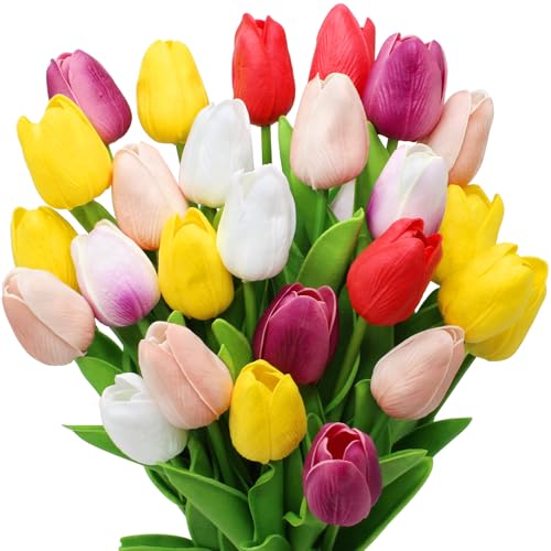 28pcs Multicolor Flowers Artificial Tulip Stems Real Feel PU Tulips for Easter Spring Wreath Wedding Bouquet Centerpiece Floral Arrangement Cemetery Table Décor 13" Tall - color: Multi Color