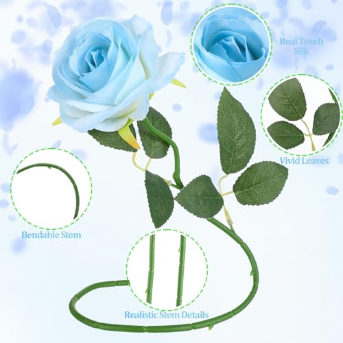 32 Pcs Ice Blue Artificial Roses Fake Flowers, Silk Flowers with Stems for DIY Wedding Bridal Shower Centerpieces Arrangements Tables Decorations - color: Ice Blue