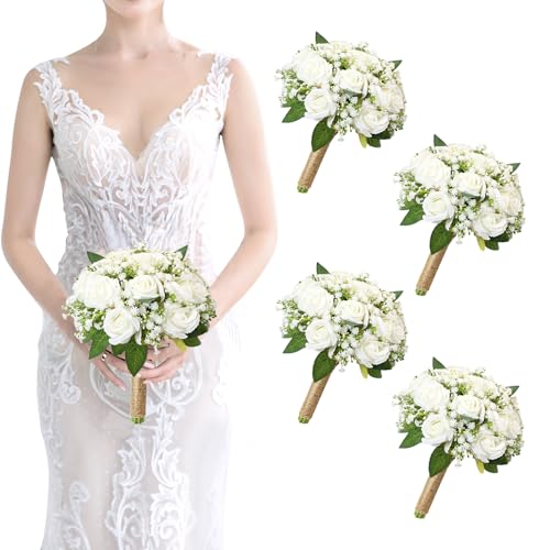 Set of 4 Bridesmaid Bouquet White Wedding Flowers Bouquets - Artificial Rose and Baby's Breath Rustic Small Floral Bouquet for Bridesmaid Fake Sage Green Boho 7 inch Wedding Decor - color: White Rose, size: Set of 4 Bridesmaid Bouquets