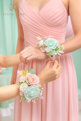 TINGE TIME Set of 2 Wrist Corsage Bracelets Pearl Wristlet Band Bridesmaid Bracelet for Wedding Ceremony Bridal Shower Wedding Artificial Flower Prom (MintGreen&Pink) - color: Mint Green & Pink