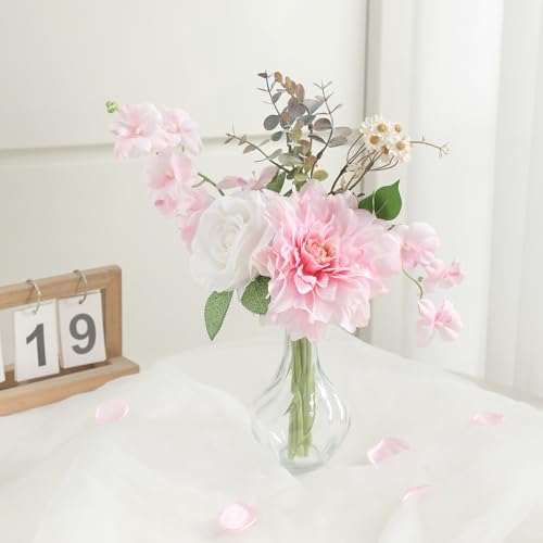 Faux Flowers with Vase,Small Artificial Silk Roses in Vase, Fake Plant Eucalyptus Flower Arrangement for Home Office Decoration, Living Room and Dining Table Centerpiece - color: Light Pink