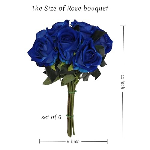 Set of 6 Pre-Made Artificial Rose Bouquets for Wedding, Velvet Silk Rose Bouquets for Bridesmaids, Fake Realistic Rose for Mohter's Day Valentine's Day Proposal Party Home Decor (Royal Blue) - color: Royal Blue