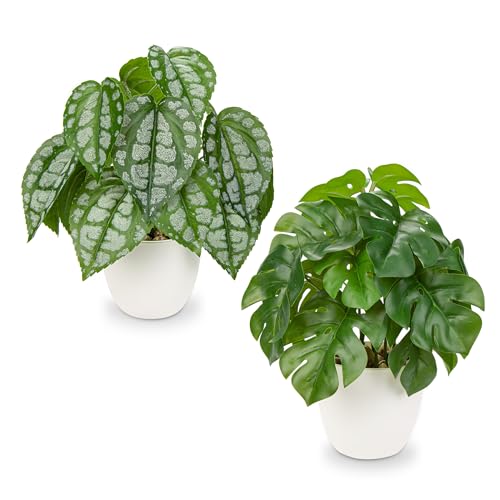 Fake Plants Small Artificial Plants Indoor Set of 2 Faux Plants with Pots Realistic Monstera Fake Potted Plants Artificial Decor for Home Bedroom Aesthetic Bathroom Shelf Living Room Office Table - color: Set of 2 Green