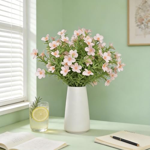 Artificial Pink Gypsophila Baby's Breath Flowers in Ceramic Vase, 6 Inch White Vase with Faux Cosmos Arrangement, Farmhouse Table Centerpiece for Home Office Shelf Desk Decor - color: Pink