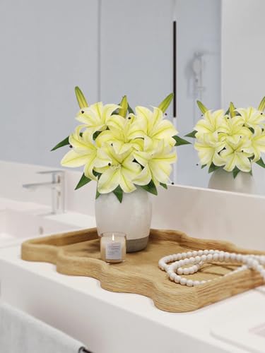 Artificial Tiger Lily Silk Flowers - 3 Pcs Faux Lily Flower 14.9" Fake Lilies Bouquets Faux Stargazer Lilies Stem with 6 Heads & 3 Buds for Indoor Outdoor Home Table Wedding Decor (Creamy Yellow) - color: Creamy Yellow&green