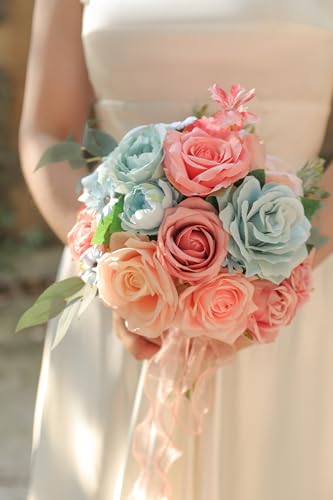rongflower Blue Pink Artificial Flowers Combo Set Fake Flower Leaf Box with Stemst for DIY Wedding Bridal Bouquet, Centerpieces, Home Decor, Floral Arrangement Decor - color: Blue Pink