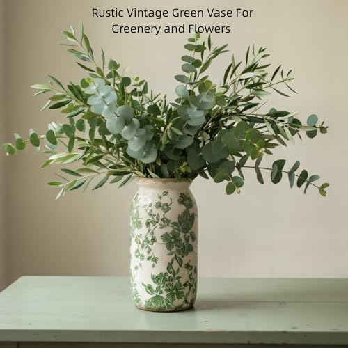 Vintage Green Floral Ceramic Vase, 8 Inch Crackle Glaze Rustic Handmade Vase, Decorative Pottery for Fresh or Dried Flowers, Farmhouse Cottage Modern Rustic Decor - size: Medium - Tall Cylinder Vase
