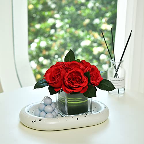 Artificial Peony Silk Flower Centerpieces Faux Floral Arrangement in Glass Vase for Home Wedding Table Decoration (Red) - color: Red