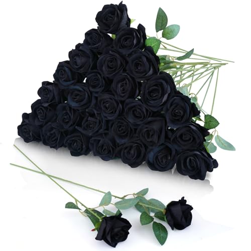 30pcs Fake Roses Artificial Silk Flowers Long Stems Bouquet for Wedding Bridal Shower Party Home Decoration (Black) - color: Black