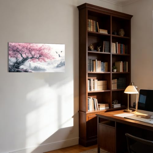 QIXIANG Cherry Blossom Mountain Canvas Wall Art Pink Floral Trees Pictures Large Landscape Painting Japanese Decor for Living Room Bedroom Framed (white,16" W x 32" L) - color: white, size: 16"W x 32"L