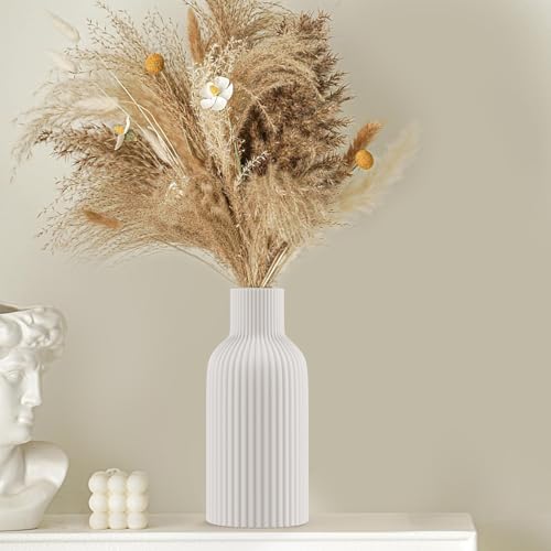 White Ceramic Flower Vase, Minimalist Modern Home Decor, Matte Finish Pampas Grass Vase for Table, Fireplace, Shelf, Mantel, Entryway and Centerpieces (10in) - color: White, size: 10in