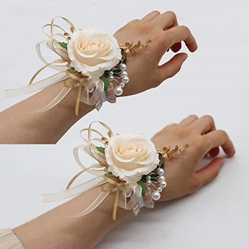 2 Corsages, Handmade Artificial Peony Rose Wrist Corsage Wristlet Wedding Prom Suit Decorations (2 Gold Wrist Corsage) - color: Gold Wrist Corsage