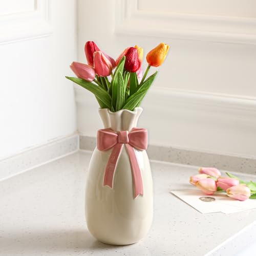 Jingmore Pink Bow Ceramic Vase for Flowers 9.3 Inch Cute Coquette Spring Decorative Porcelain Vase for Fresh/Artificial Flowers Wedding Table Centerpiece Living Room Pink Home Decor