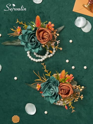 Serwalin 2 Pcs Wrist Corsage, 6-7 Inch Teal Orange Corsage for Wedding, Bridesmaid Mother Grandmother, Artificial Flowers for Prom Ceremony Anniversary - color: Teal Orange, size: Corsage-2pcs