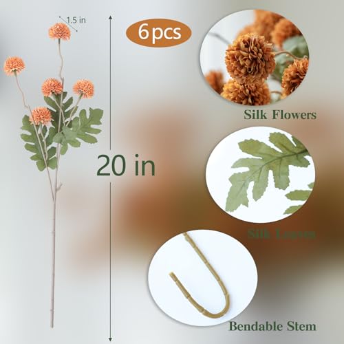 mizii 6Pcs Orange Fake Silk Pompon Mum Artificial Flowers Bulk Small Faux Chrysanthemums with Stems Floral Decorations for Wedding DIY Bouquet Centerpieces Shower Vase Home Decor (Burnt Orange) - color: Burnt Orange