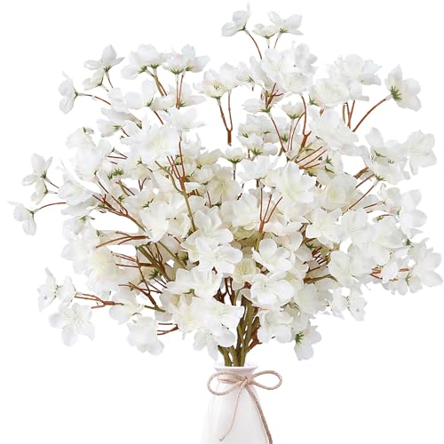 Sggvecsy Artificial Cherry Blossom Flowers 6 Pcs Faux Cherry Blossom Stems Faux Silk Cherry Blossom Branches 15.7’’ Fake Peach Flowers for Vase Arrangements Home Wedding Table Decor (White) - color: White, size: 6 Pcs