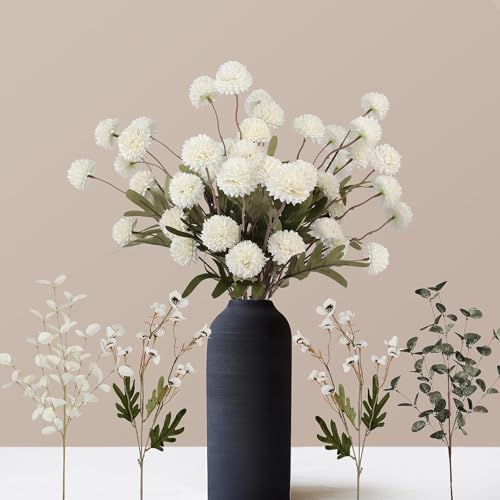 Faux Pompon Mum Flowers - 14pcs Realistic Artificial Chrysanthemum Flower, Beige Silk Fake Kiku Blooms Flower Bulk with Eucalyptus Stems for Home Decor, Wedding Centerpieces, Floral Arrangements
