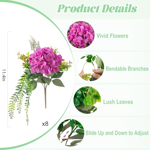 Ammyoo 8 Pcs Artificial Hydrangea Flowers Silk Purple Fake Flower with Eucalyptus for Outdoor Decorations UV Resistant Realistic Faux Plants for Garden Porch Window Box Indoor Table Decor - color: Purple