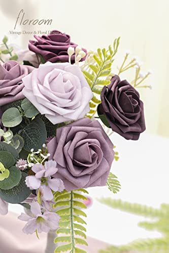 Floroom Artificial Flowers 25pcs Real Looking Plum Ombre Colors Foam Fake Roses with Stems for DIY Wedding Bouquets Bridal Shower Floral Centerpieces Party Tables Home Decorations - color: Shades of Plum